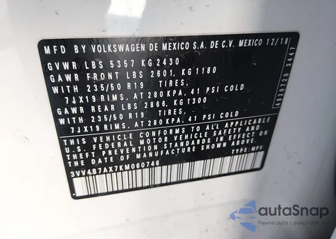 2019 Volkswagen Tiguan 2.0T Sel Premium/2.0T Sel Premium R-Line z USA, uszkodzony, nr VIN 3VV4B7AX7KM060746